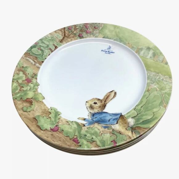 4pc Beatrix Potter Peter Rabbit Easter Bunny 10.5in Dinner Plates Spring Garden - Picture 8 of 10